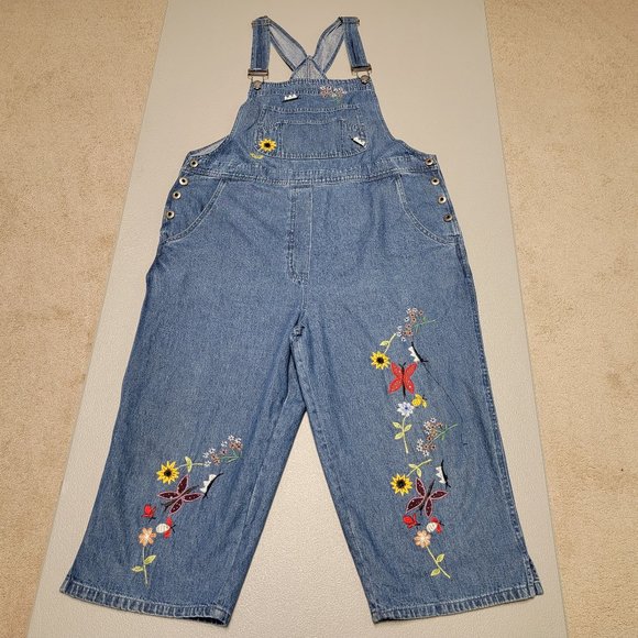 Agapo Pants - Womens Vintage 90's Agapo Overalls - Embroidered Sunflowers & Butterflies Large